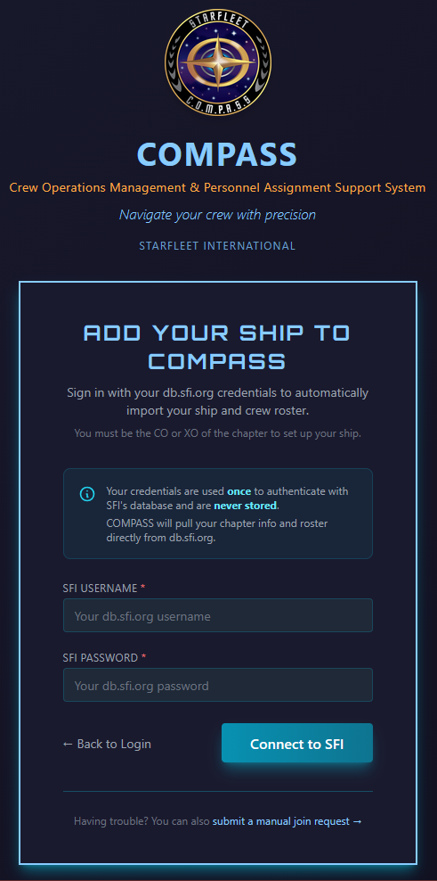 Add Your Ship — credentials screen