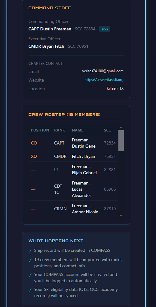 Review & Confirm — command staff and roster preview