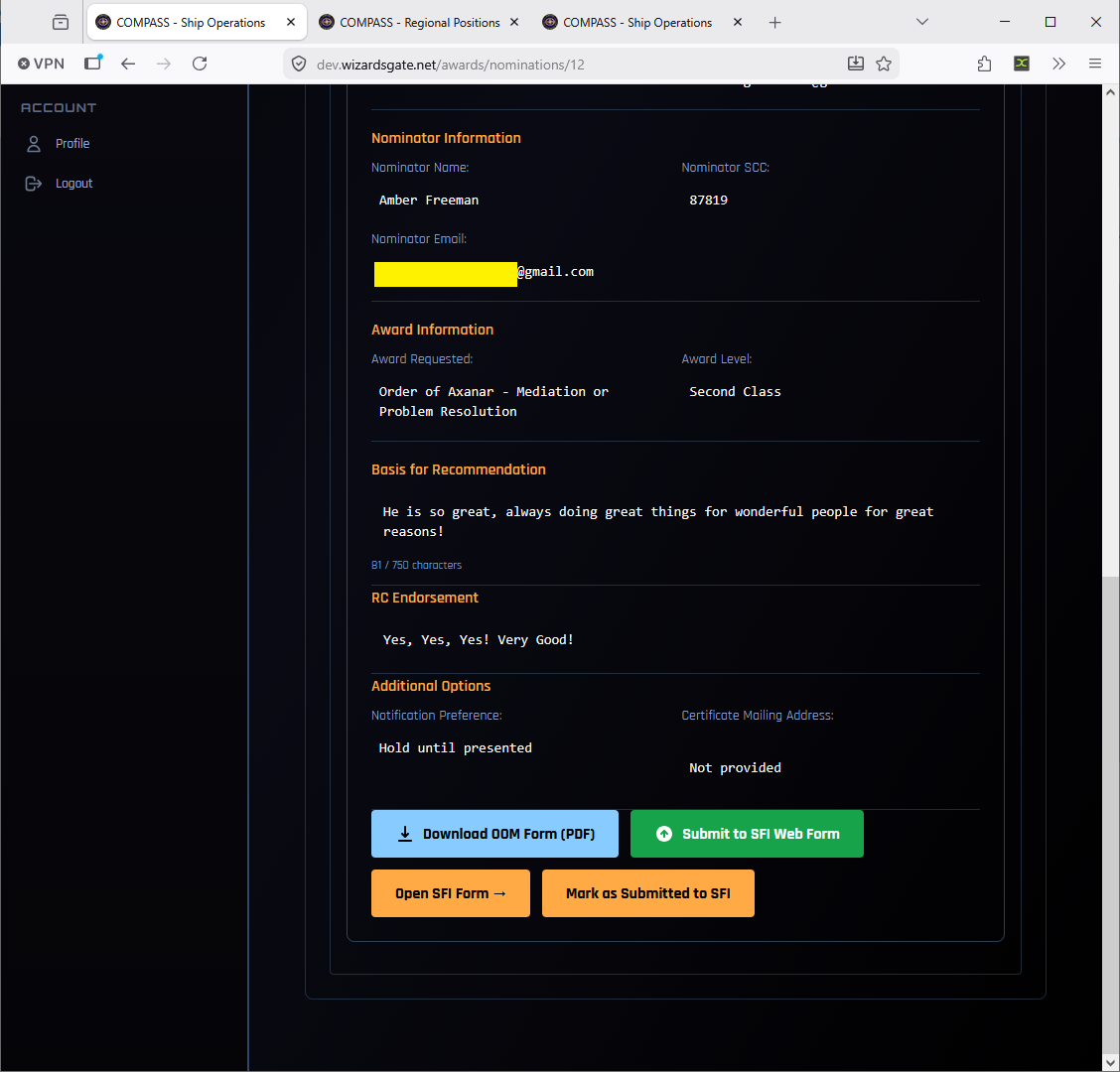 RC award review — endorsement and submission options