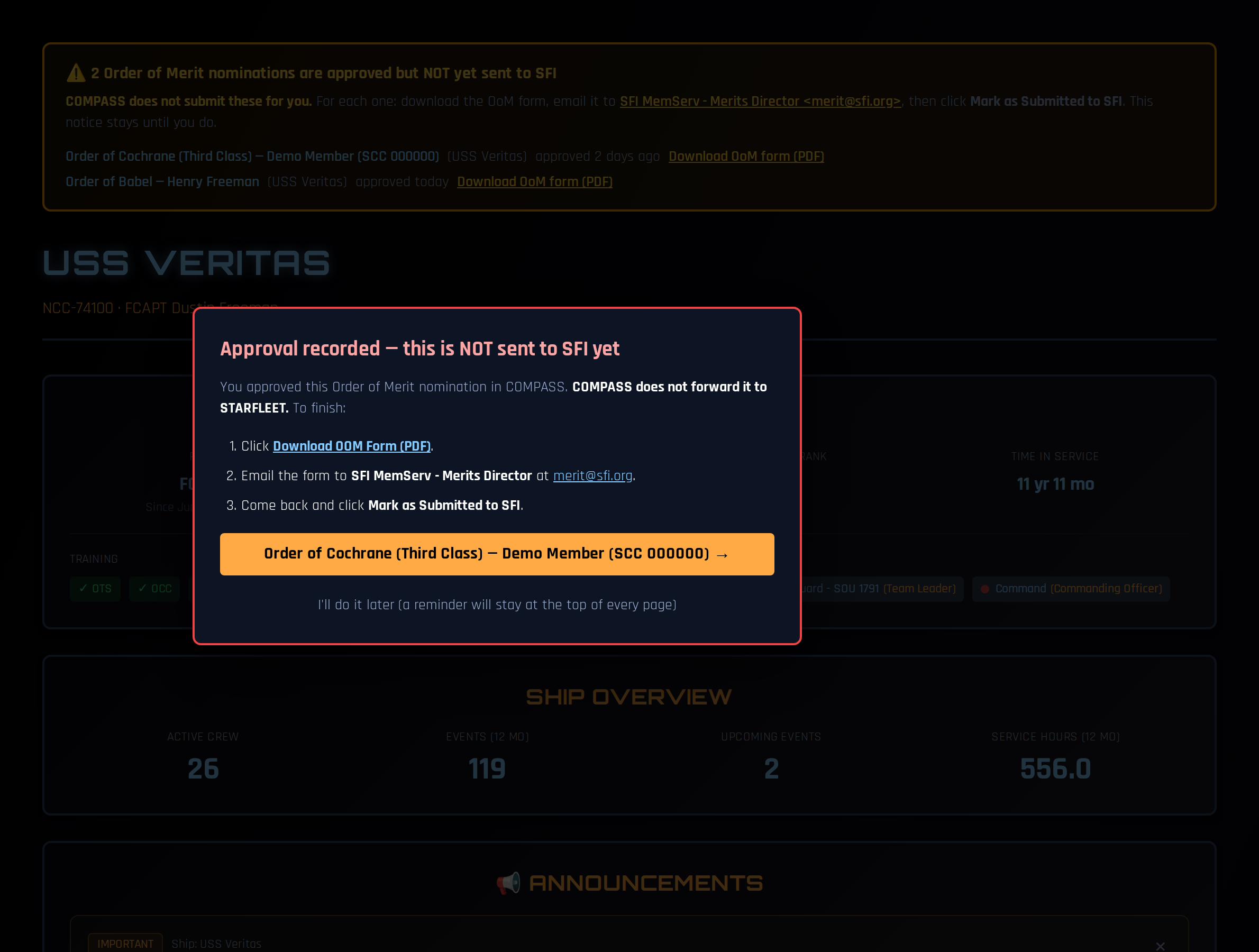 Pop-up shown right after approving an Order of Merit