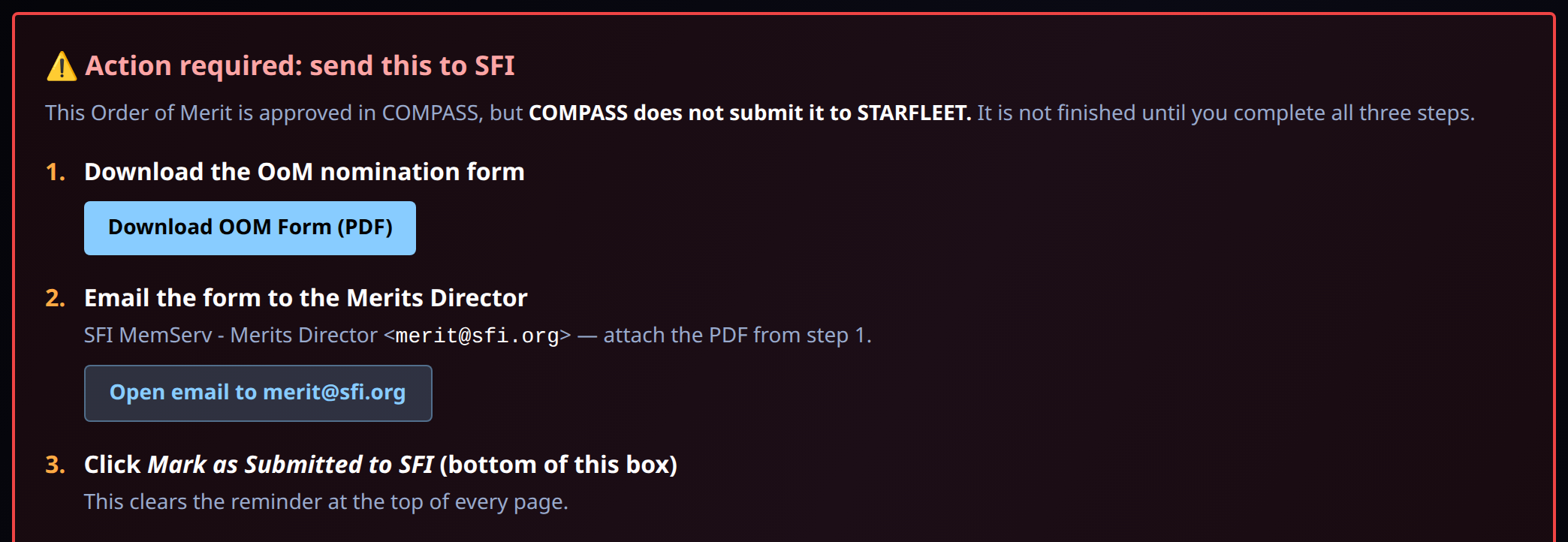 The three-step checklist on the nomination page
