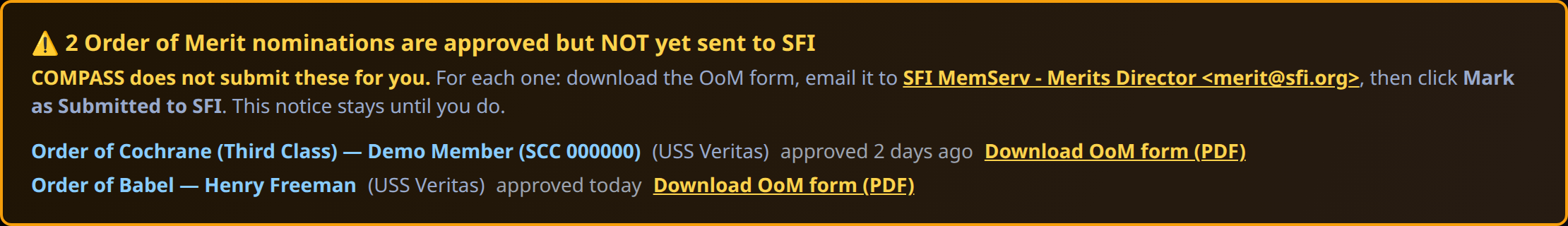 Reminder banner listing two unsent Order of Merit nominations