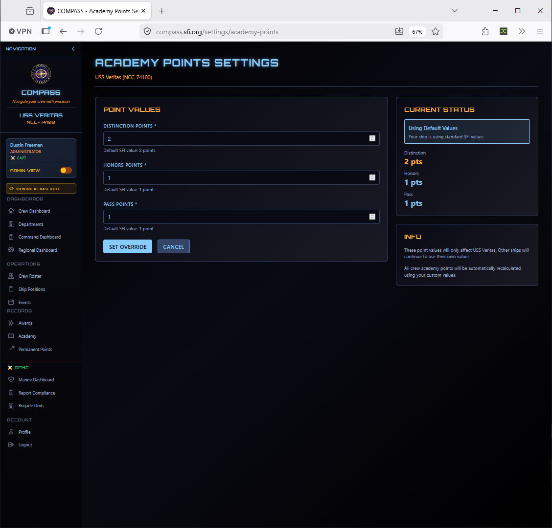 Academy Points Settings