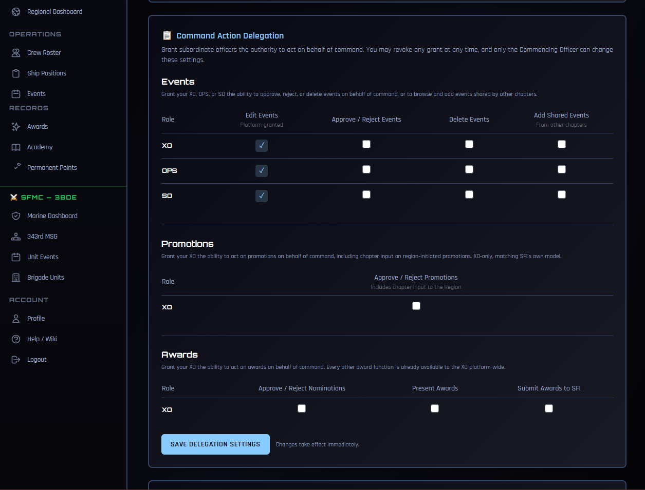 Command Action Delegation settings card