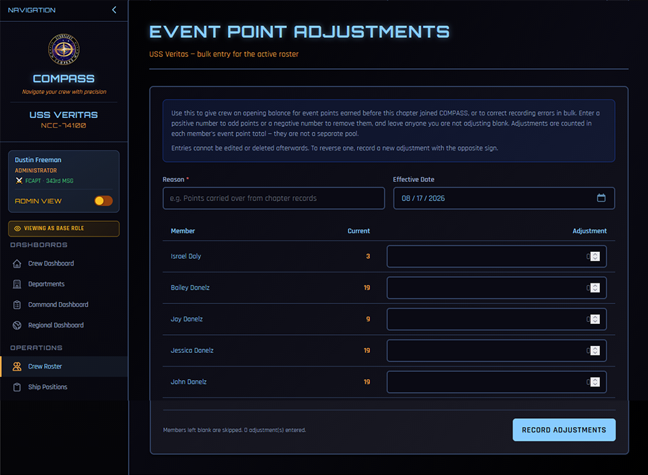 Bulk event point adjustment entry for the active roster