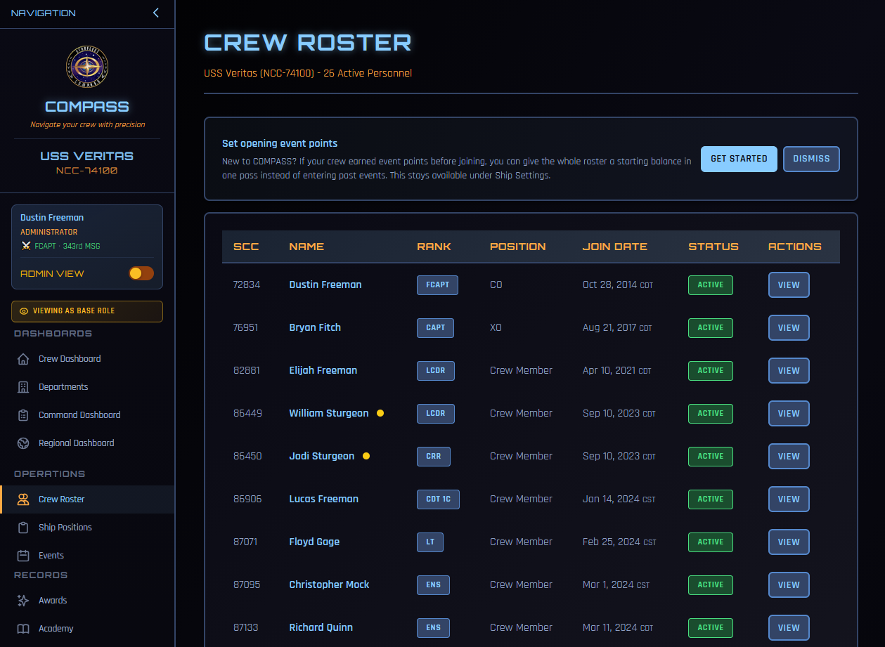 Crew roster showing the opening event points prompt
