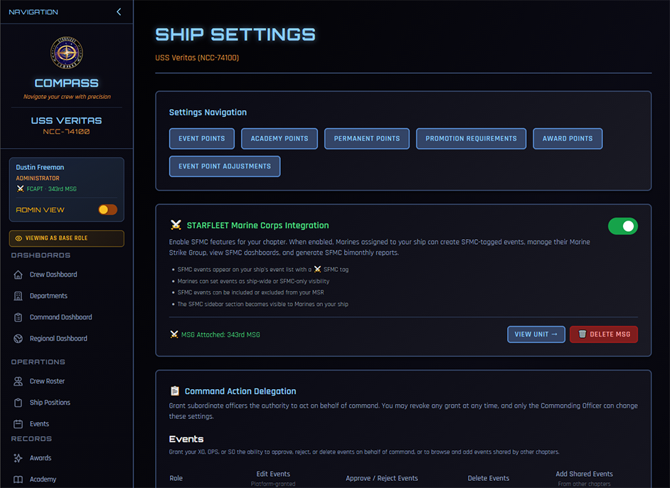 Ship Settings showing the Event Point Adjustments link