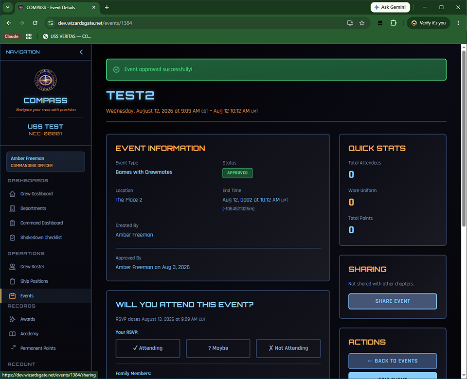 Event page with the Sharing panel in the sidebar
