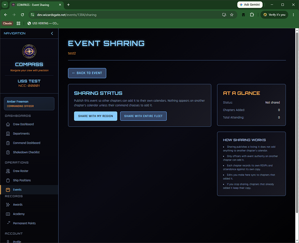 Event sharing page with region and fleet options