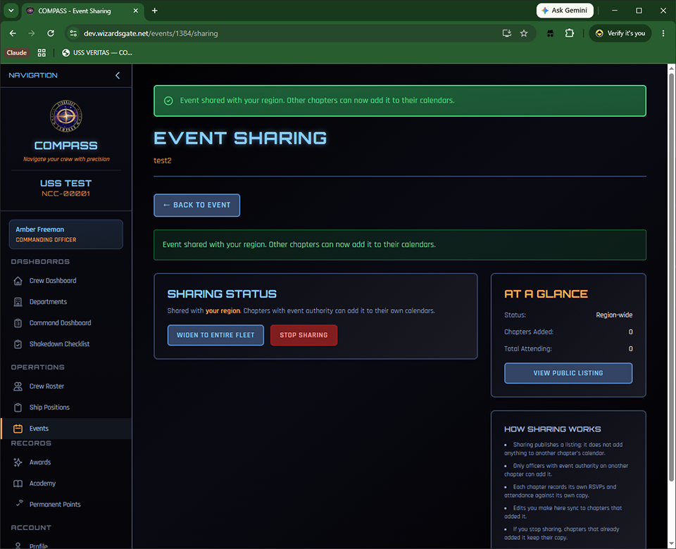 Sharing page showing an active share