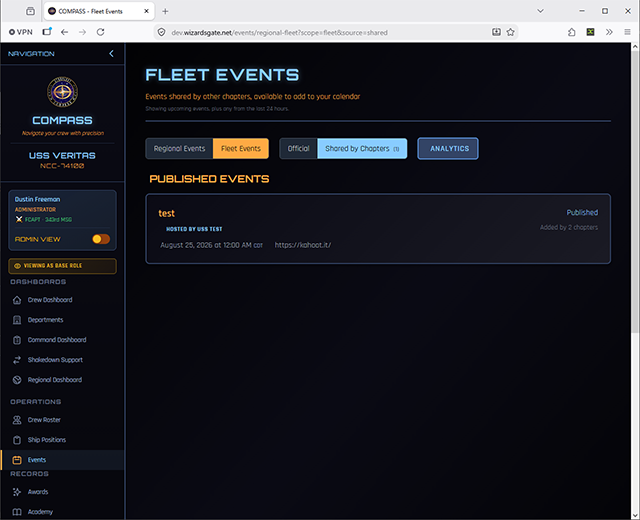 Shared events list showing a chapter-hosted event