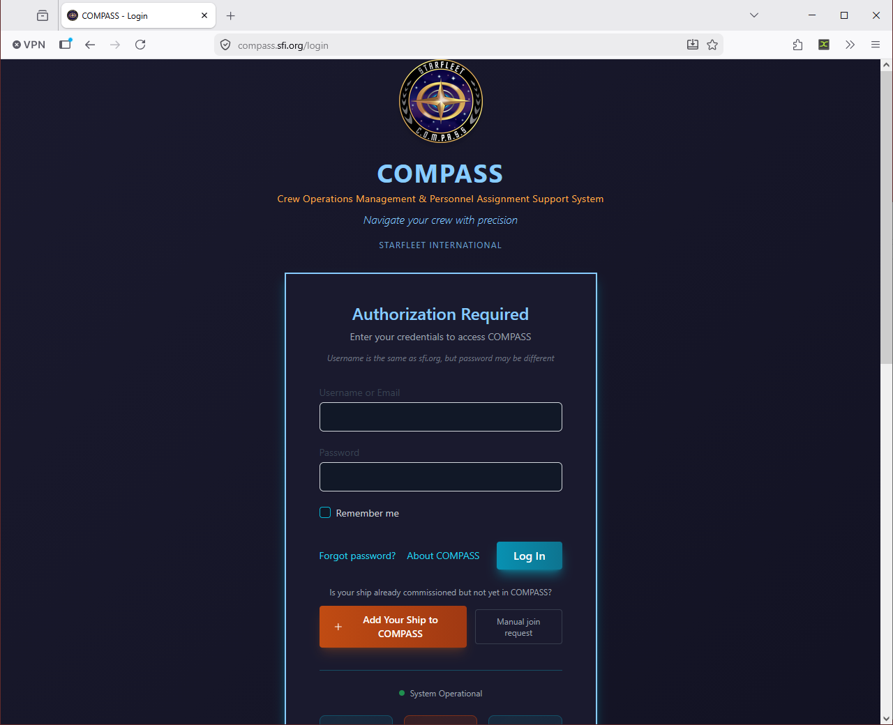 COMPASS login page