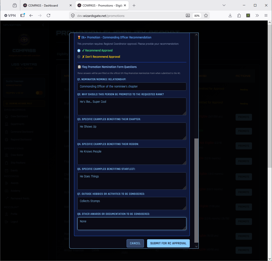 Flag promotion form — CO recommendation and nomination questions