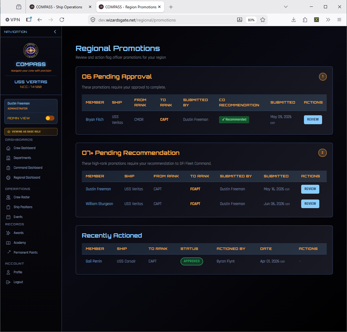 Regional Promotions page — O-6 Pending Approval and O-7+ Pending Recommendation queues