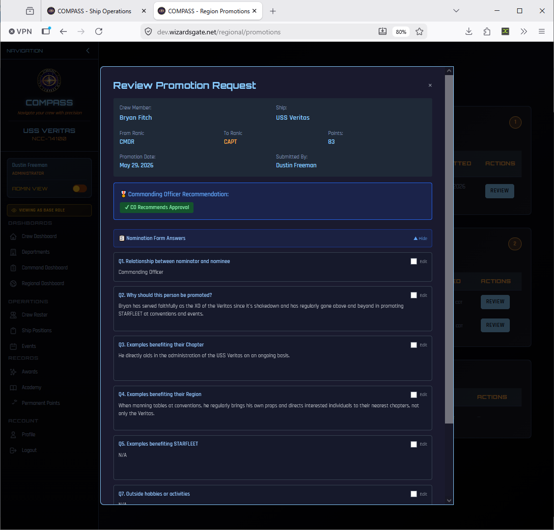 RC review panel — O-6 submission showing member details and CO recommendation