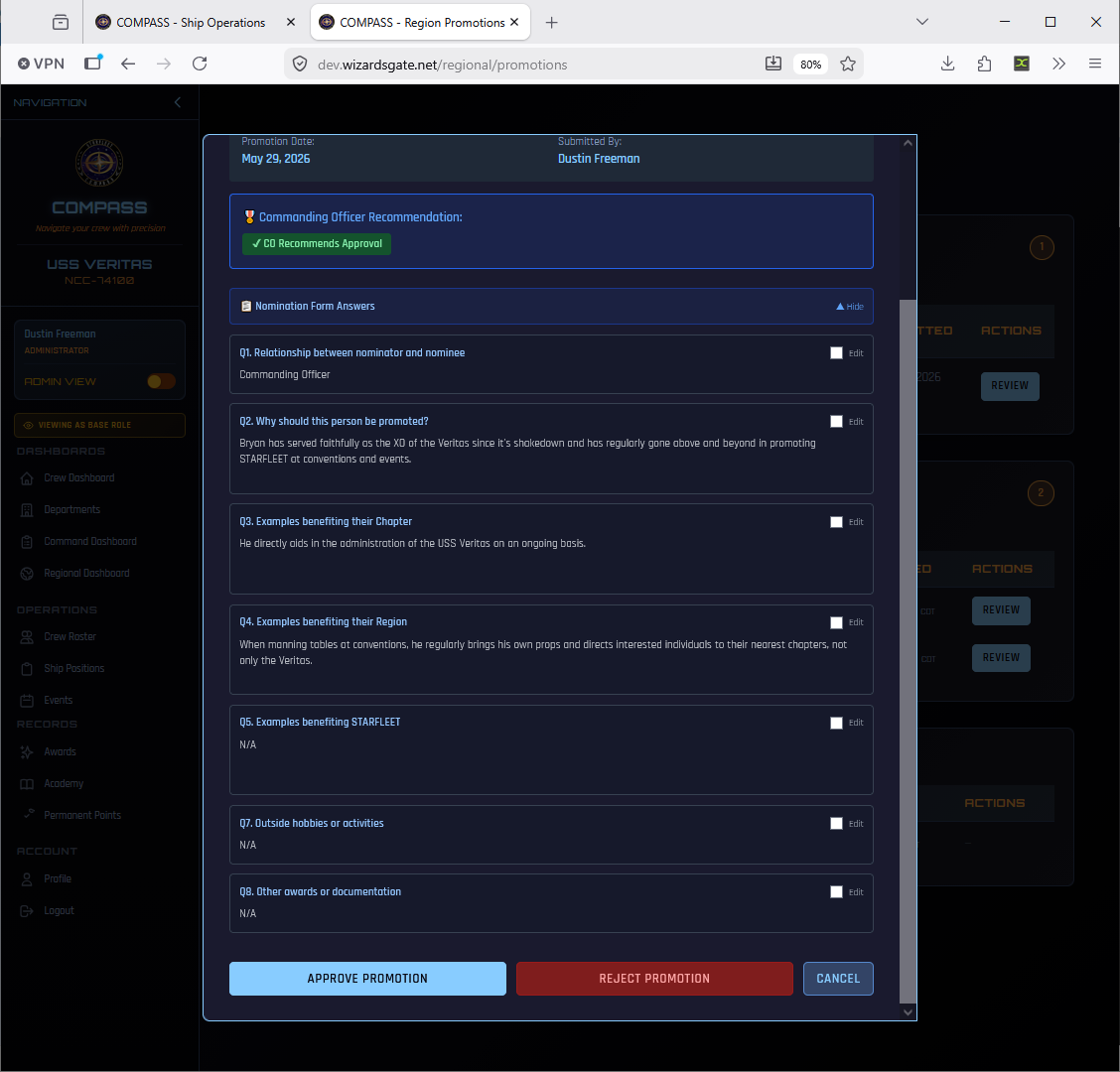 RC review panel — scrolled to bottom showing Approve and Reject buttons