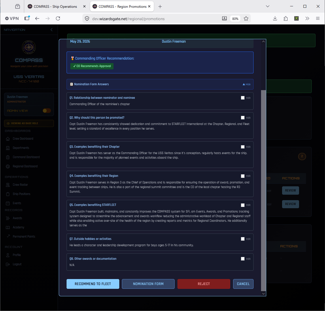 RC review panel — O-7+ scrolled to bottom showing Recommend to Fleet, Nomination Form, and Reject