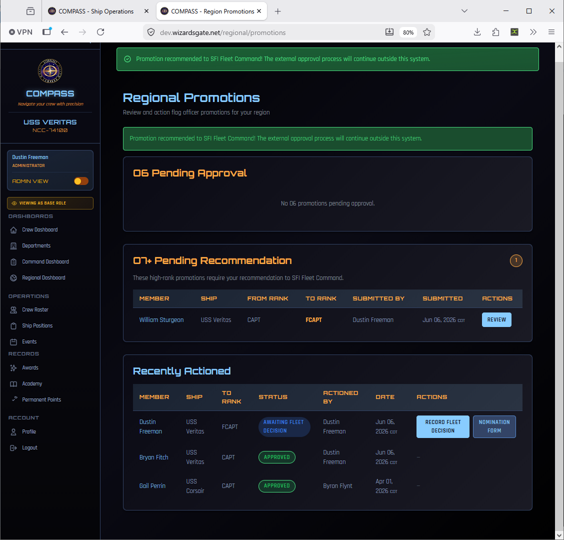 Regional Promotions page — showing Awaiting Fleet Decision status with Record Fleet Decision and Nomination Form buttons