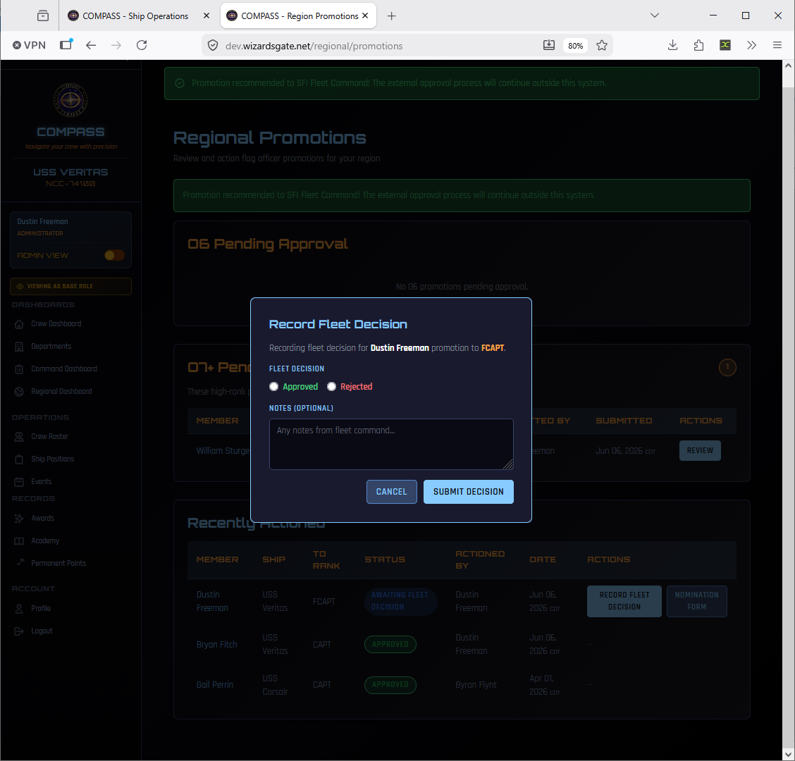 Record Fleet Decision dialog