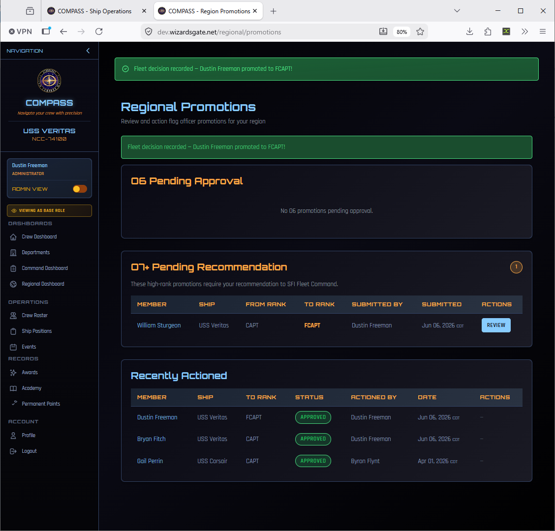Regional Promotions page — final state after fleet decision recorded, showing Approved status