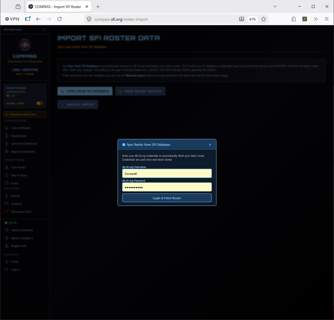 Roster Import — SFI sync credentials modal