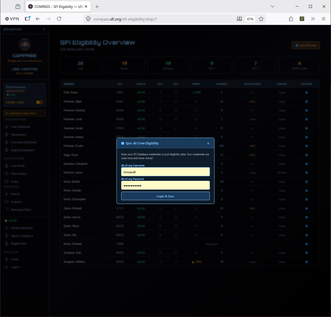 SFI Eligibility sync — credentials modal