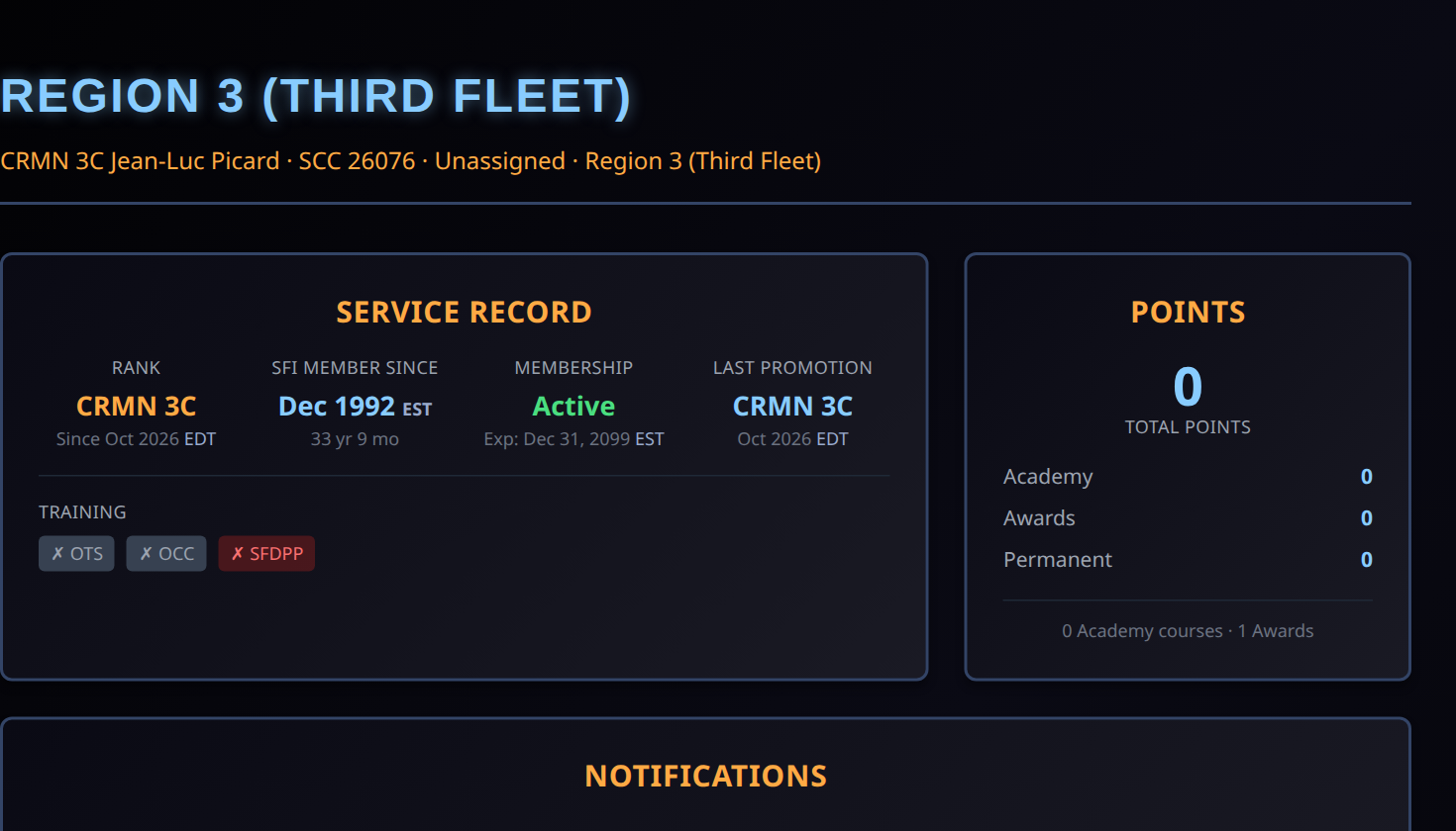 Dashboard after approval showing the new rank CRMN 3C