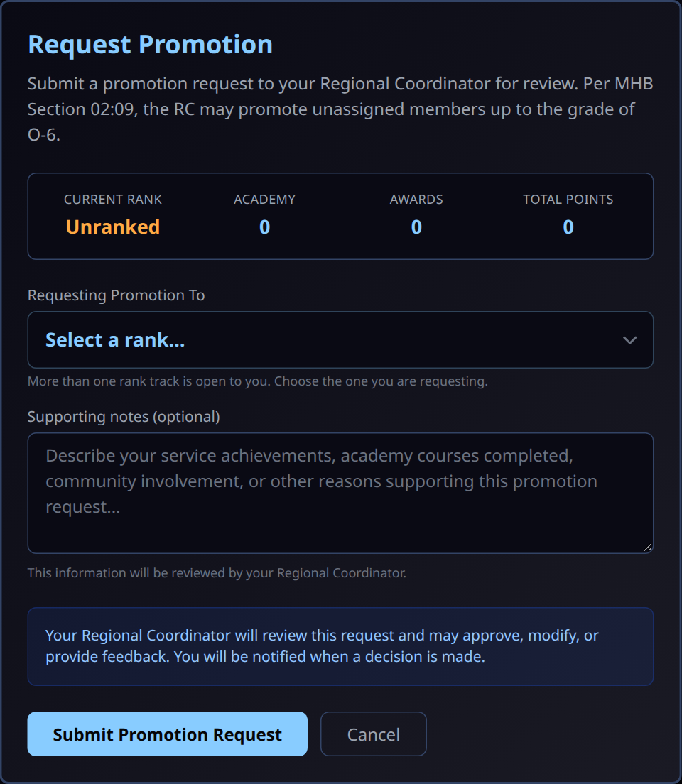 Request Promotion form showing current rank, points and the rank selector