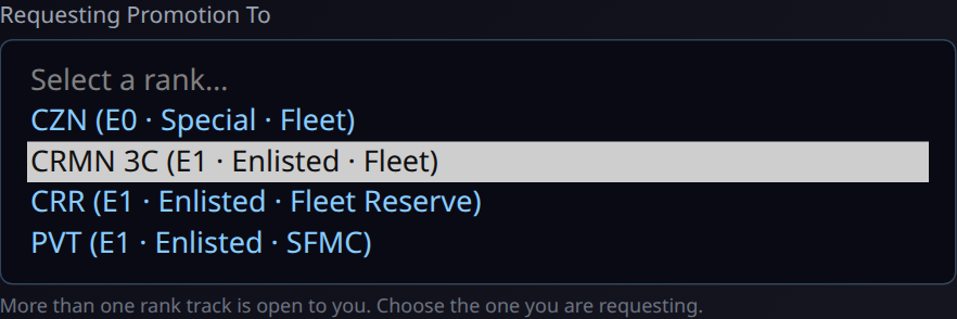 The rank options offered to an unranked member: CZN, CRMN 3C, CRR and PVT