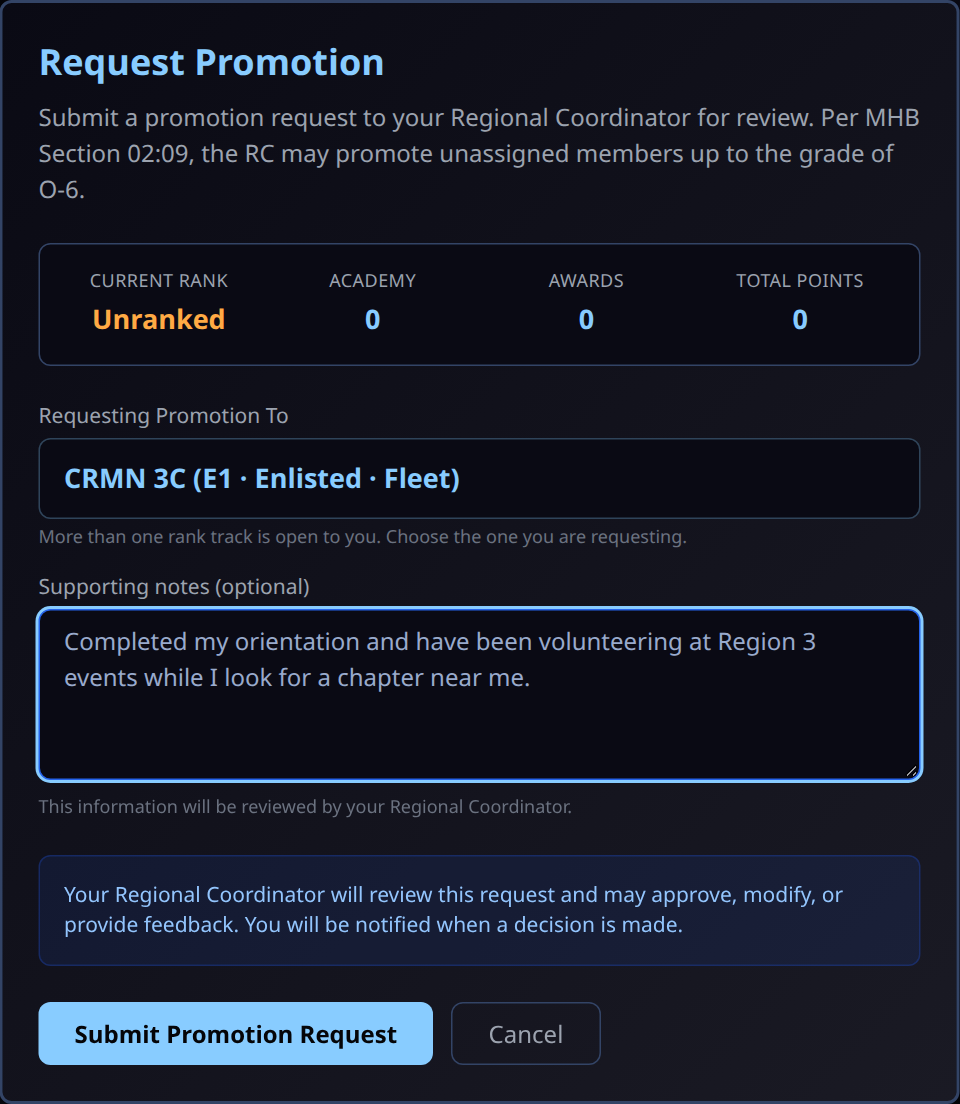 Request form with CRMN 3C selected and supporting notes entered