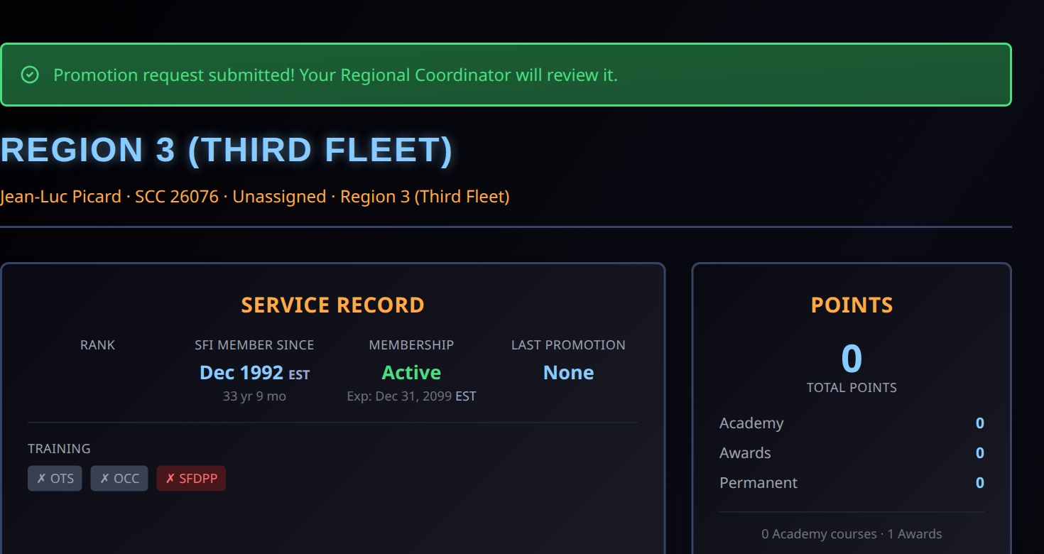 Dashboard showing "Promotion request submitted! Your Regional Coordinator will review it."