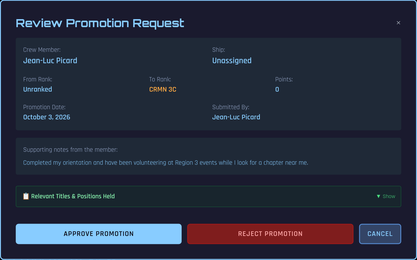 Review Promotion Request panel for an unassigned member, showing supporting notes from the member