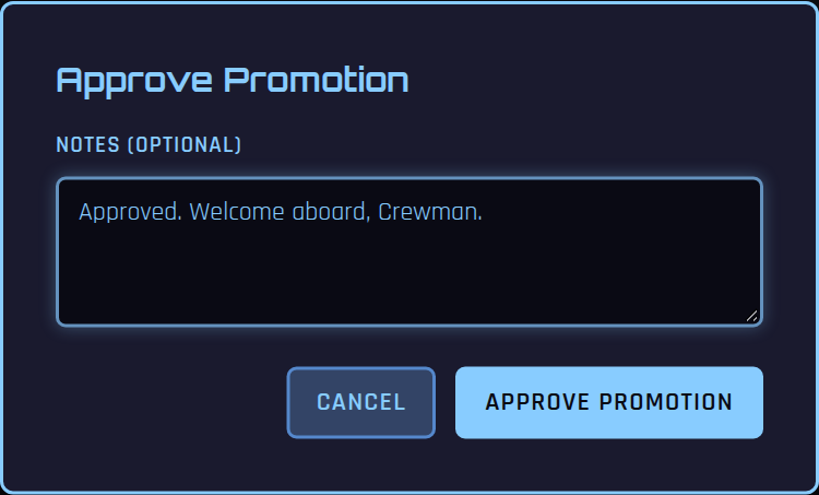 Approve Promotion dialog with optional notes