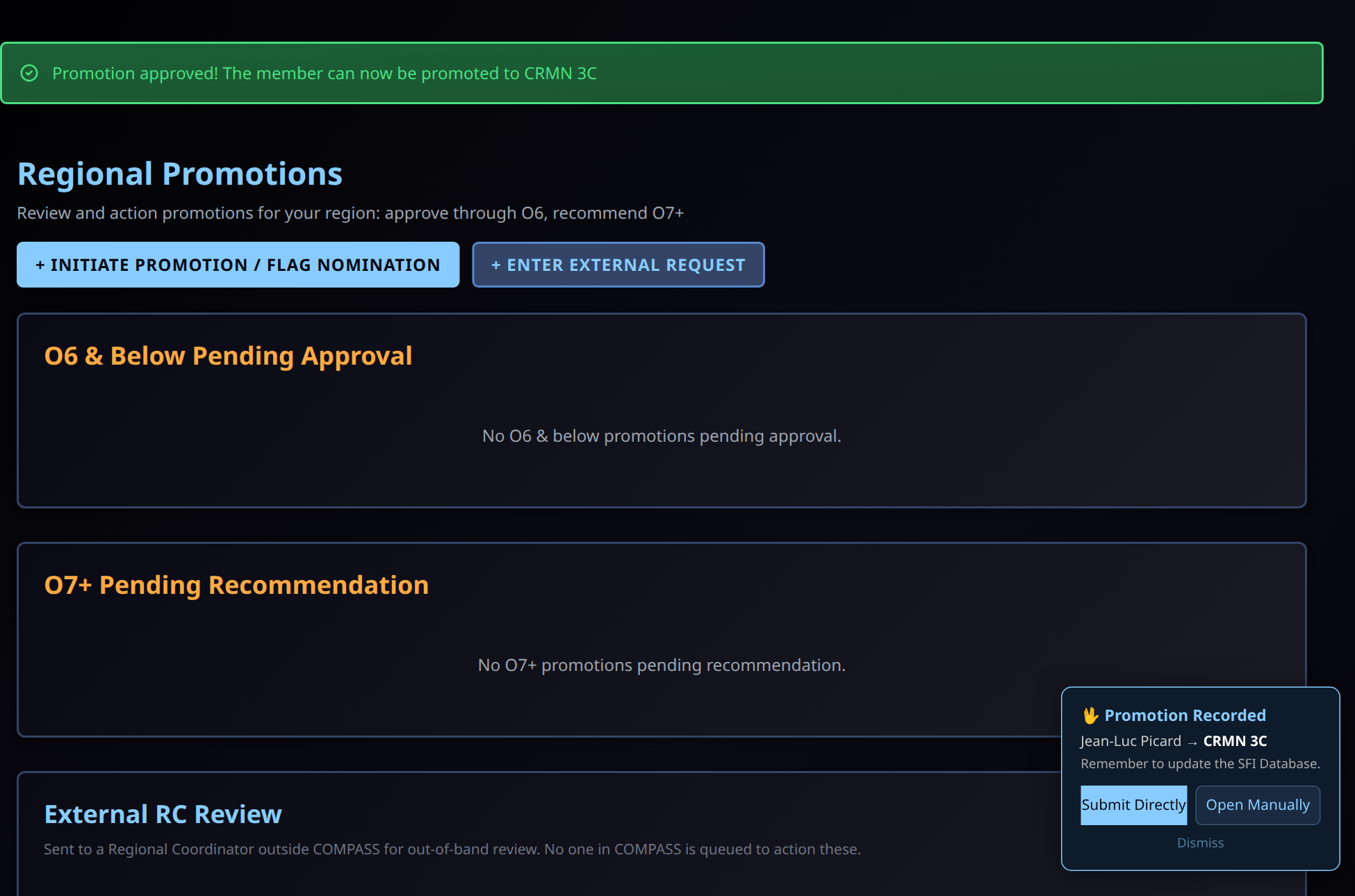 Regional Promotions after approval, with the Promotion Recorded prompt for the member